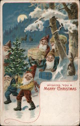 Wishing You a Merry Christmas - Elves with Packages and Tree Postcard Postcard Postcard