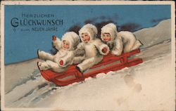 Three Children Going Down a Snowy Hill on a Sled Postcard Postcard Postcard