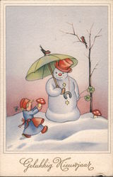 Gelukkig Nieuwjaar - Dutch girl and snowman Snowmen Postcard Postcard Postcard