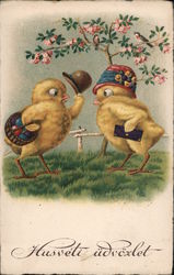 Husveti Udvozlet - dressed chicks - basket colored eggs Postcard