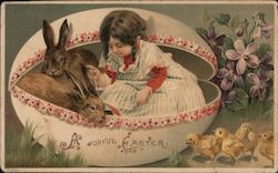 A joyful Easter - girl and 2 rabbits inside an egg and chicks on the ground With Children Postcard Postcard Postcard