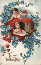 To My Valentine Heart with child writing a letter and cupid Postcard Postcard Postcard