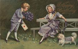 A Happy Birthday - boy with flowers & letter giving to a girl seated on a picnic bench with dog Postcard Postcard Postcard