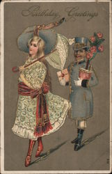 Birthday Greetings - A man and woman in fancy Victorian clothing Postcard Postcard Postcard