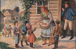 Woman Giving Bread to Children Postcard