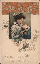 With Love to my Dear Valentine - Woman smelling Flowers Postcard