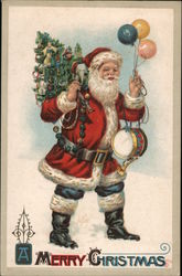 A Merry Christmas - Santa holding balloons, drum, Christmas tree Santa Claus Postcard Postcard Postcard