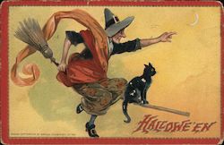 Hallowe'en - Witch riding Broom with Black Cat Halloween Postcard Postcard Postcard