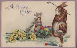 Happy Easter - Rabbits golfing with easter eggs Postcard