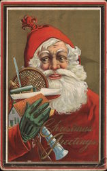 Christmas Greetings Santa holding toys Postcard