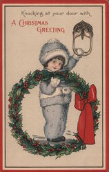 Knocking at Your Door with A Christmas Greeting -- Girl with Wreath Children Postcard Postcard Postcard