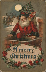 A Merry Christmas - Santa Climbing into Chimney Postcard