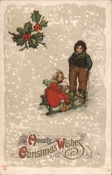 Hearty Christmas Wishes - Boy pulling Girl on Sled Children Postcard Postcard Postcard