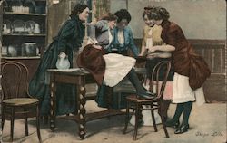 Five Woman Standing and Sitting Around a Table Postcard