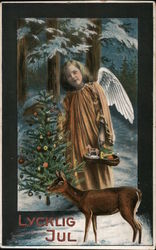 A Girl in Angel Wings Standing Next to a Christmas Tree Children Postcard Postcard Postcard