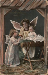 Vesele Vanoce - Angels and baby in manager - photo tinted Postcard