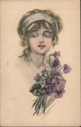 Portrait of young woman with violets - tinted Women Postcard Postcard Postcard