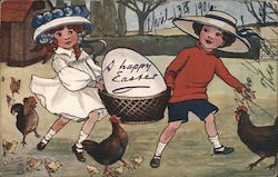 A Happy Easter - Girl & Boy Carrying Large Egg in Basket With Children Postcard Postcard Postcard