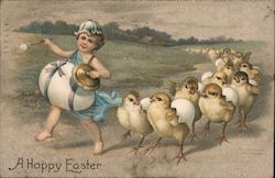 A Happy Easter - Child Leading a Parade of Chicks With Chicks Postcard Postcard Postcard