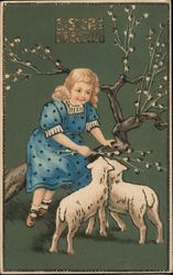 Easter Greeting - Girl Sitting On Tree Branch Feeding Lambs Postcard