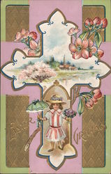 Girl holding an umbrella and flowers, Church, Cross Postcard