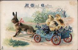 A Glad Easter Bunny pulling a cart carrying two chicks With Chicks Postcard Postcard Postcard