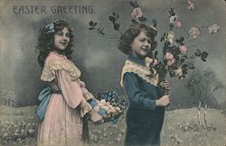 Easter Greeting - Girls with Eggs, Flowers Postcard