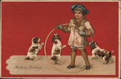 Birthday Greetings - Child Playing with Puppies Postcard