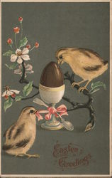 Easter Greetings chicks on branch pecking at chocolate egg Postcard