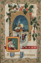 A Merry Christmas - town snow scene surrounded by ivy with Santa in lower left hand corner Santa Claus Postcard Postcard Postcard