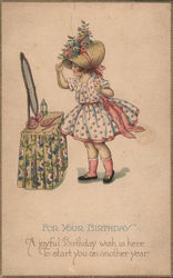 For your birthday - Little girl in flowered hat looking into a vanity mirror Postcard