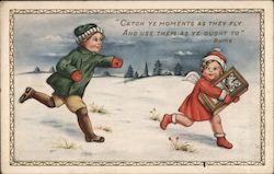 A Young Girl Carrying a Clock Being Chased Through the Snow by a Young Boy Postcard