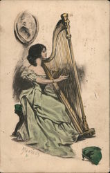 Woman playing a Harp Music Postcard Postcard Postcard