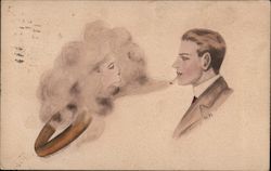 A Man Blowing Smoke in the Shape of a Woman Couples Postcard Postcard Postcard