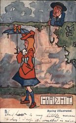 Hard Hit Woman walking with umbrella as man looks at her over a wall Women Postcard Postcard Postcard