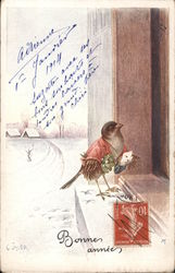 Bonne annee - Bird taking Letters to a Door Postcard Postcard Postcard