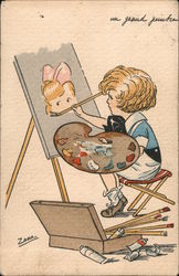 A Girl Sitting at an Easel Painting a Picture Artists Zane Postcard Postcard Postcard