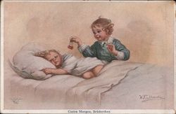 A Child Sleeping While Another Child Dangles Cherries Over Them Children W. Fialkorska Postcard Postcard Postcard