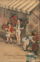 herzlichen gluckwunsch zum namenstage - Hannes Petersen - children at flower shop Postcard