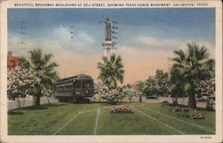 Beautiful Broadway Boulevard at 25th Street, Showing Texas Heros Monument Galveston, TX Postcard Postcard Postcard