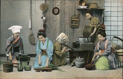 Five Women in Traditional Japanese Attire Preparing Food in a Traditional Manner Postcard