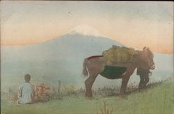 Two Men With Pack Horse, With Mt. Fuji In Background Japan Postcard Postcard Postcard