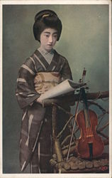 Japanese Woman With Violin And Music Score Postcard Postcard Postcard