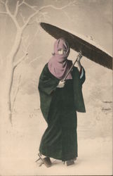 Woman In Headscarf Holds An Umbrella Japan Postcard Postcard Postcard