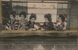 Five Women in Traditional Japanese Attire holding Fans, colorized Postcard Postcard Postcard