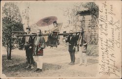 Woman in Traditional Japanese Attire Sitting in Sedan Chair with Umbrella Postcard Postcard Postcard