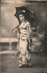 Woman in Kimono and open umbrella Postcard