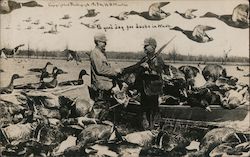 Hunters shaking hands. A good day for ducks in Wash. Boat full of huge ducks. Washington Exaggeration W. H. Martin Postcard Post Postcard