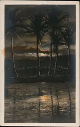 Palm Trees with Clouds and Sunset and Reflection on Water Honolulu, HI Postcard Postcard Postcard