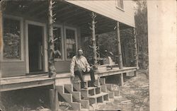 Man on Front Steps, Rustic Lodge House Under Construction Postcard